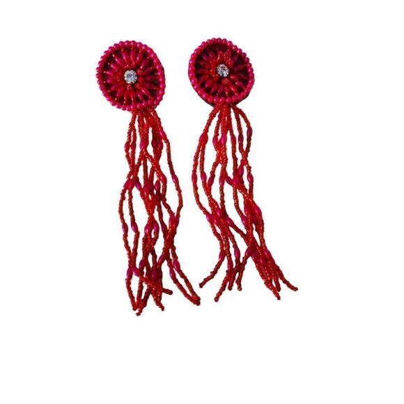 Vintage Red Runway Crystal Applique Beaded Fringe Clip-On Earrings | 5.20" - Picture 2 of 4